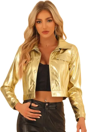 Allegra K Metallic Jacket for Women's Moto Biker Jacket Holographic Shiny Crop Party Jackets