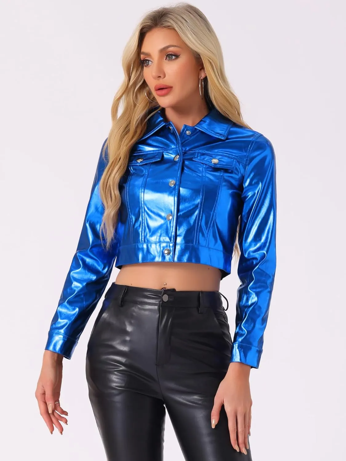 Allegra K Metallic Jacket for Women's Moto Biker Jacket Holographic Shiny Crop Party Jackets