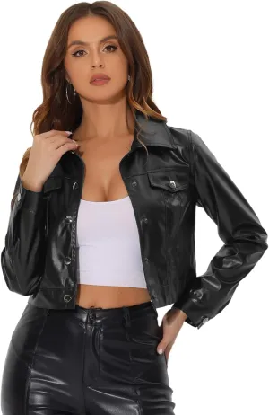 Allegra K Metallic Jacket for Women's Moto Biker Jacket Holographic Shiny Crop Party Jackets