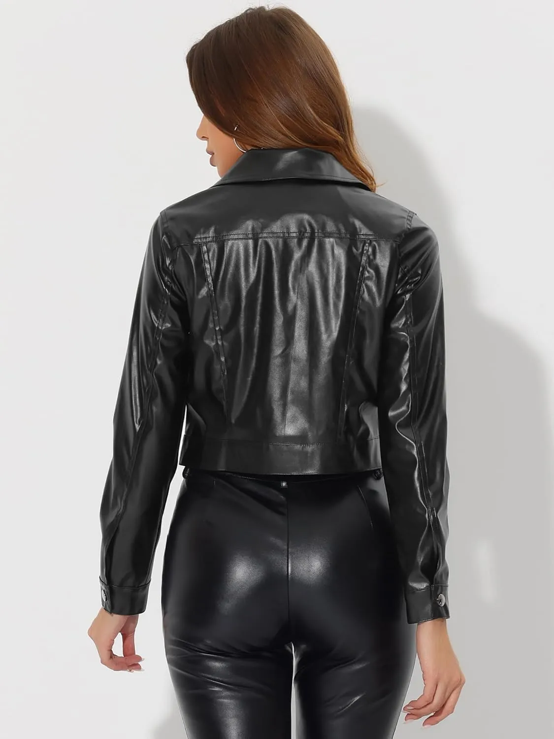 Allegra K Metallic Jacket for Women's Moto Biker Jacket Holographic Shiny Crop Party Jackets