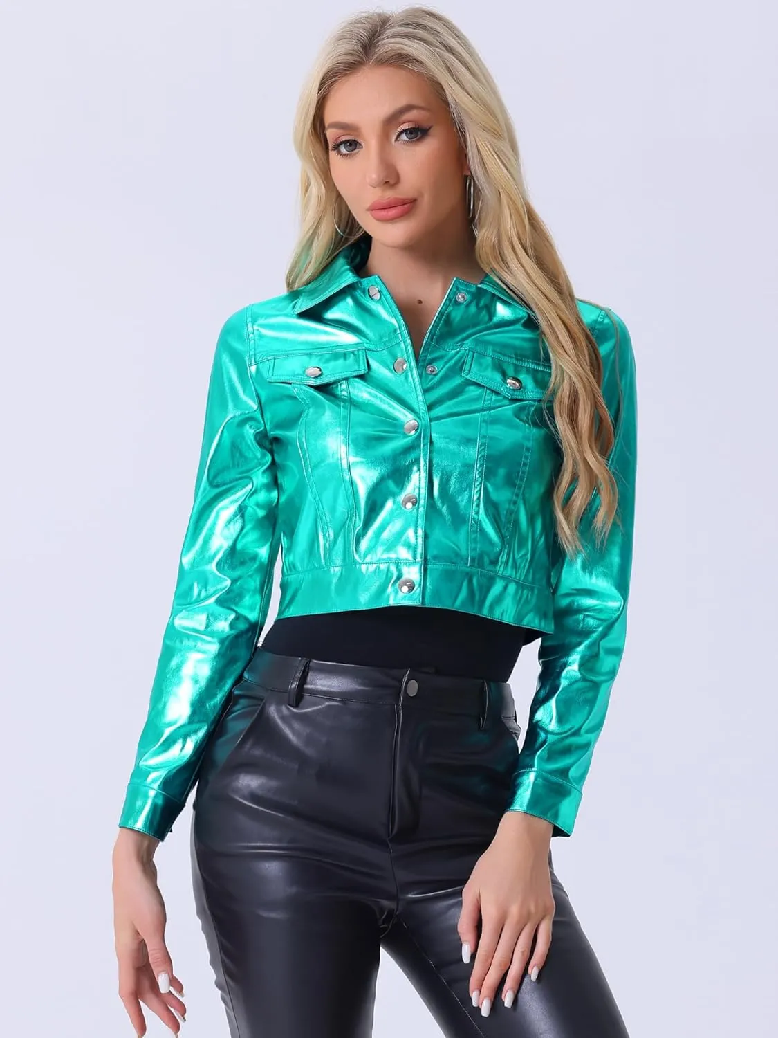 Allegra K Metallic Jacket for Women's Moto Biker Jacket Holographic Shiny Crop Party Jackets