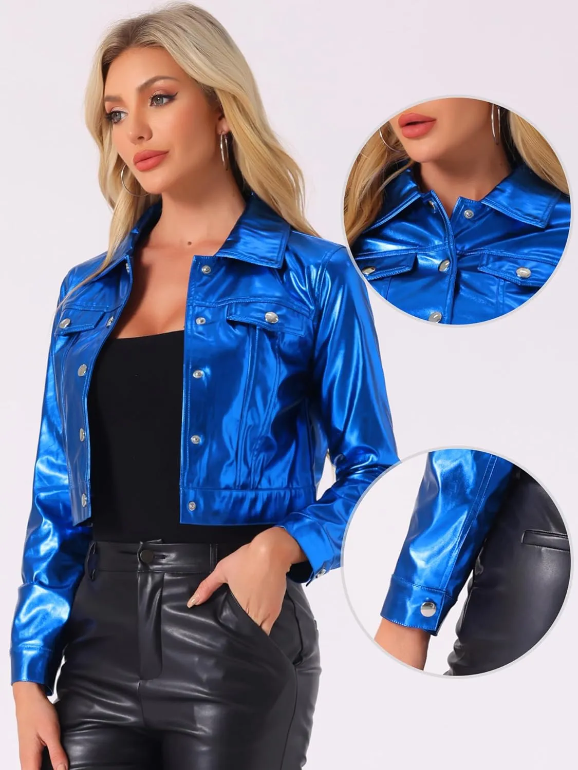 Allegra K Metallic Jacket for Women's Moto Biker Jacket Holographic Shiny Crop Party Jackets