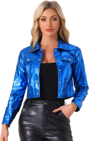 Allegra K Metallic Jacket for Women's Moto Biker Jacket Holographic Shiny Crop Party Jackets