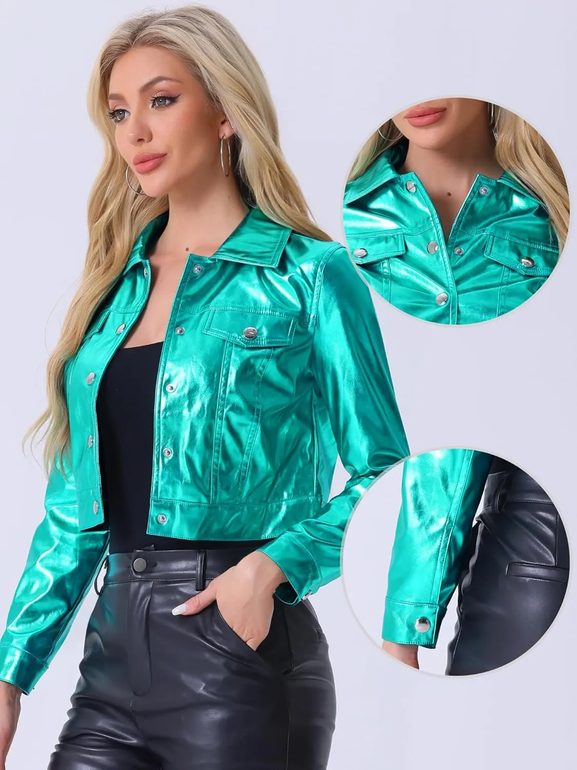 Allegra K Metallic Jacket for Women's Moto Biker Jacket Holographic Shiny Crop Party Jackets