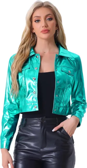 Allegra K Metallic Jacket for Women's Moto Biker Jacket Holographic Shiny Crop Party Jackets