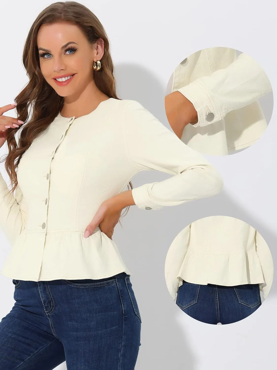 Allegra K Peplum Jackets for Women's Collarless Round Neck Button Down Cropped Ruffle Hem Coat