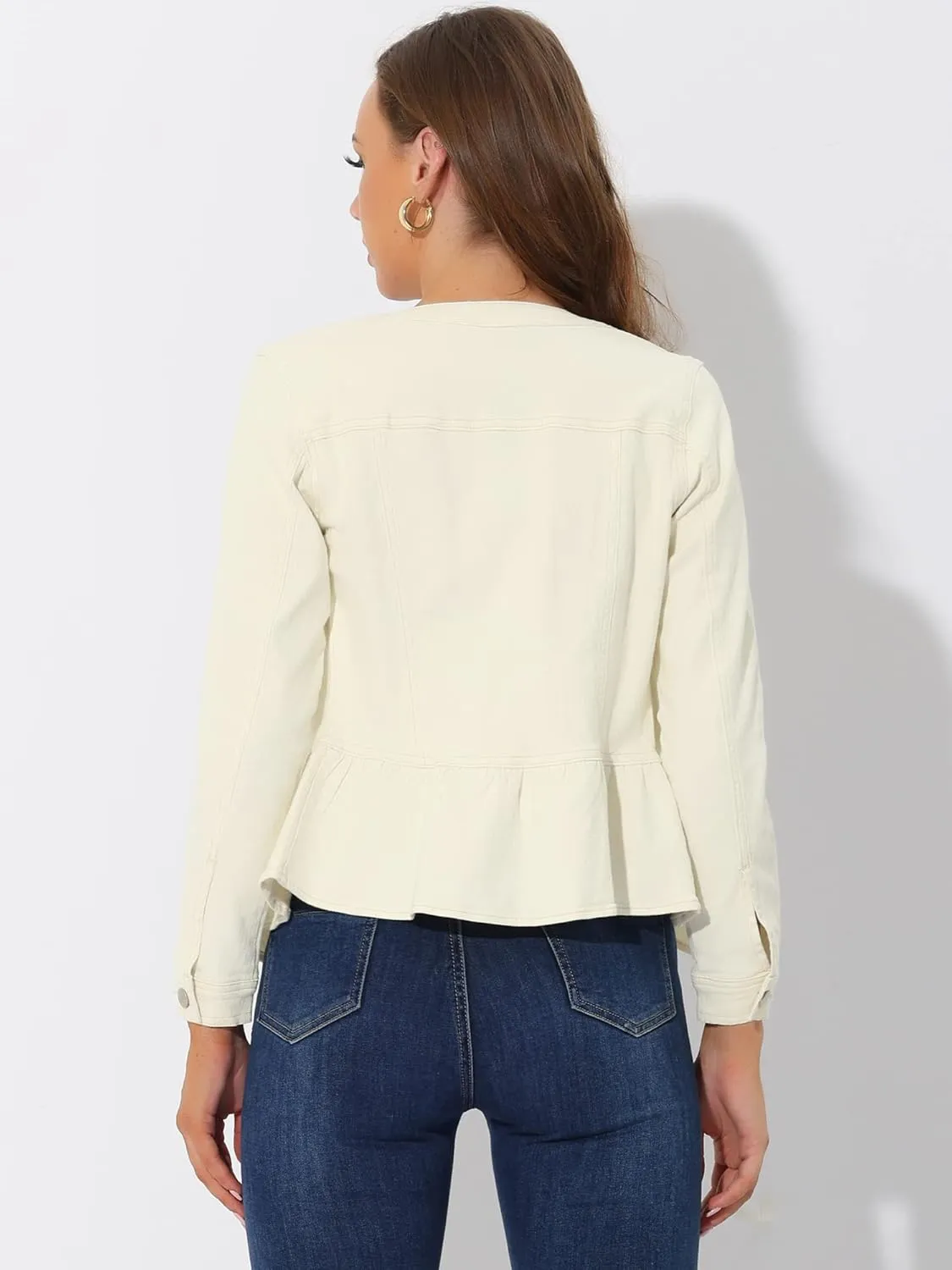 Allegra K Peplum Jackets for Women's Collarless Round Neck Button Down Cropped Ruffle Hem Coat