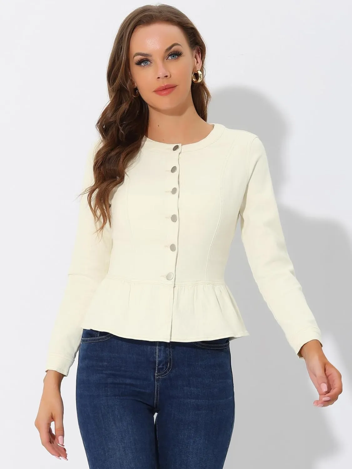 Allegra K Peplum Jackets for Women's Collarless Round Neck Button Down Cropped Ruffle Hem Coat