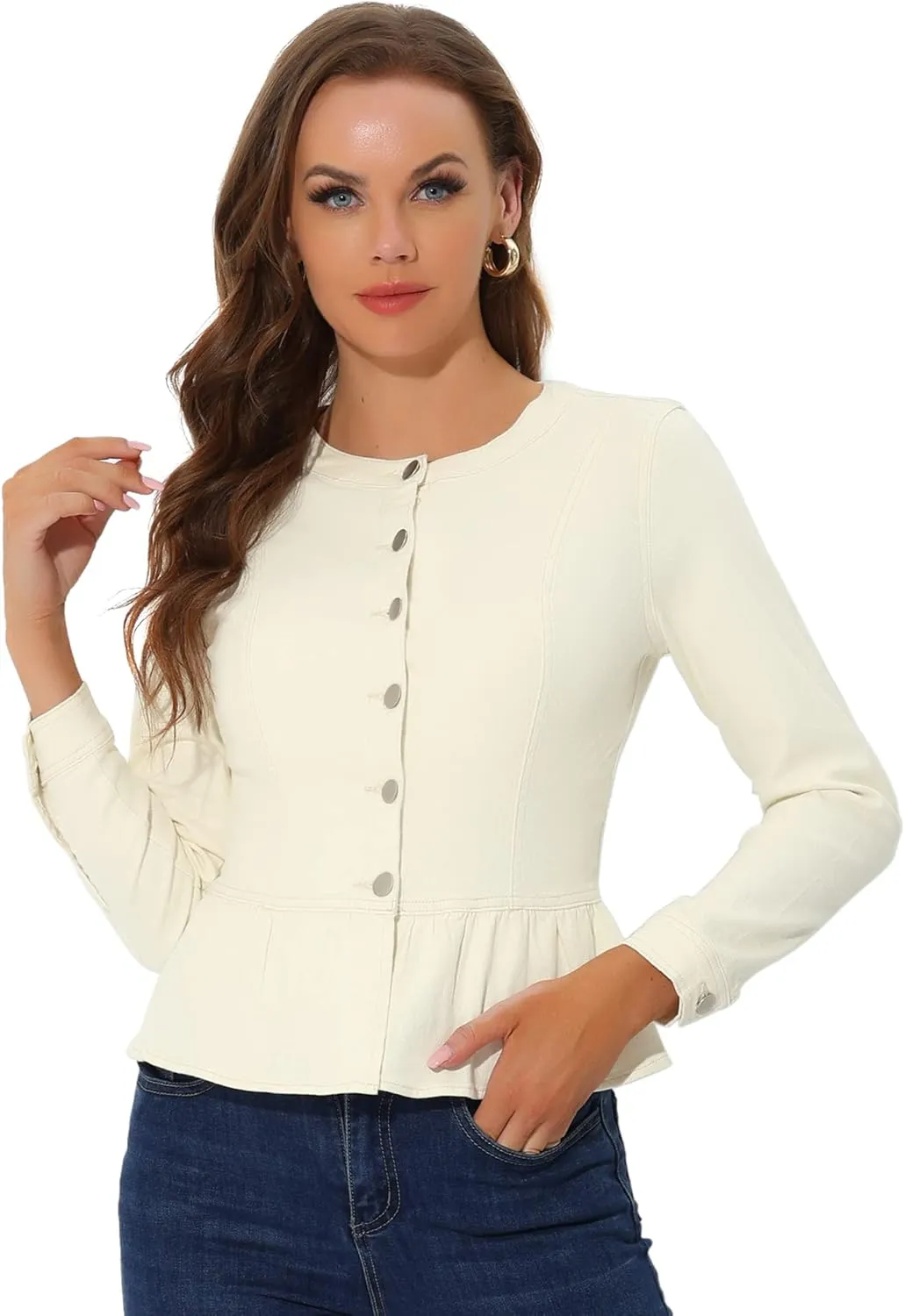 Allegra K Peplum Jackets for Women's Collarless Round Neck Button Down Cropped Ruffle Hem Coat