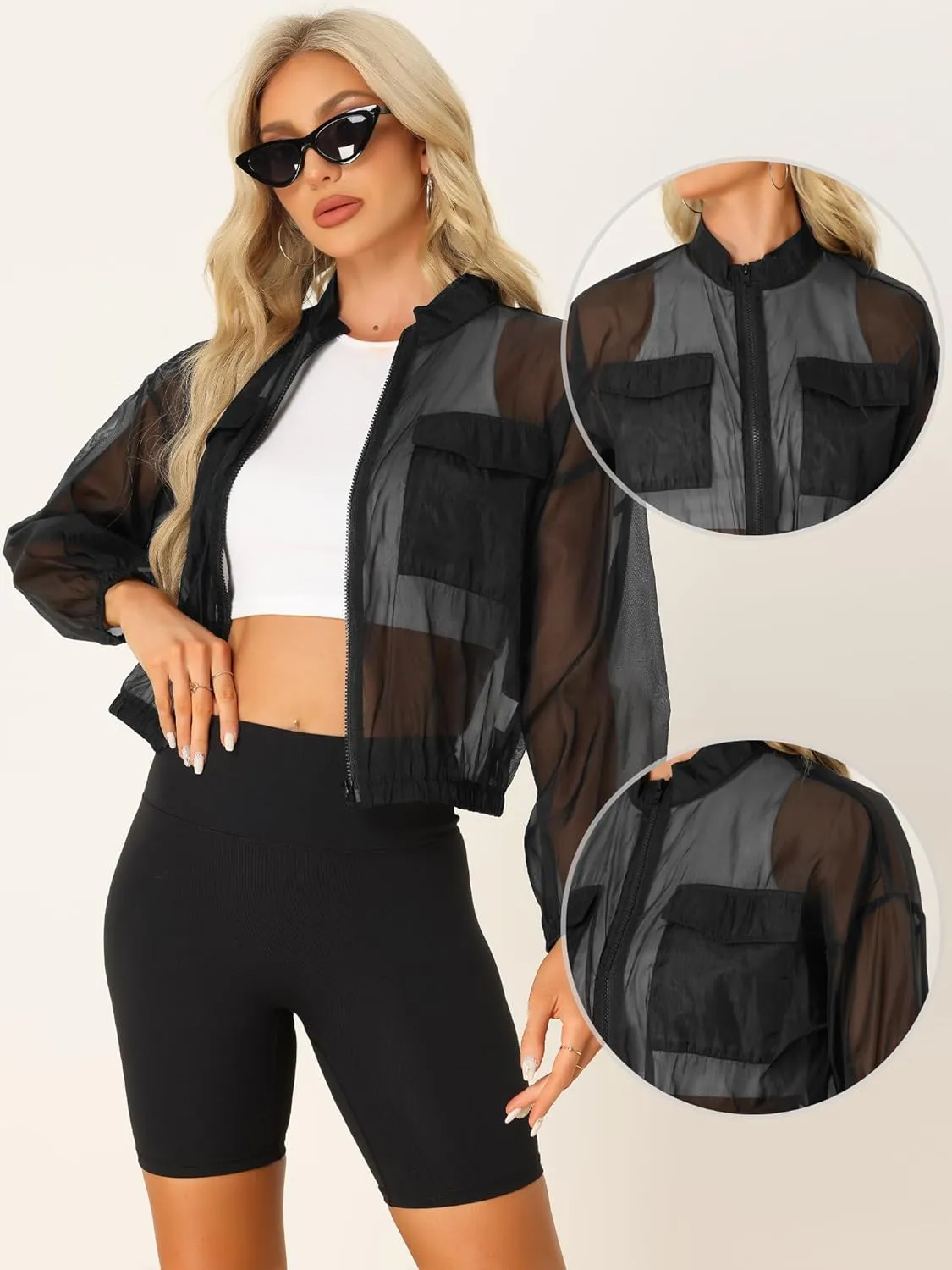 Allegra K Sheer Bomber Jacket for Women's Zip Up Long Sleeve See Through Jackets