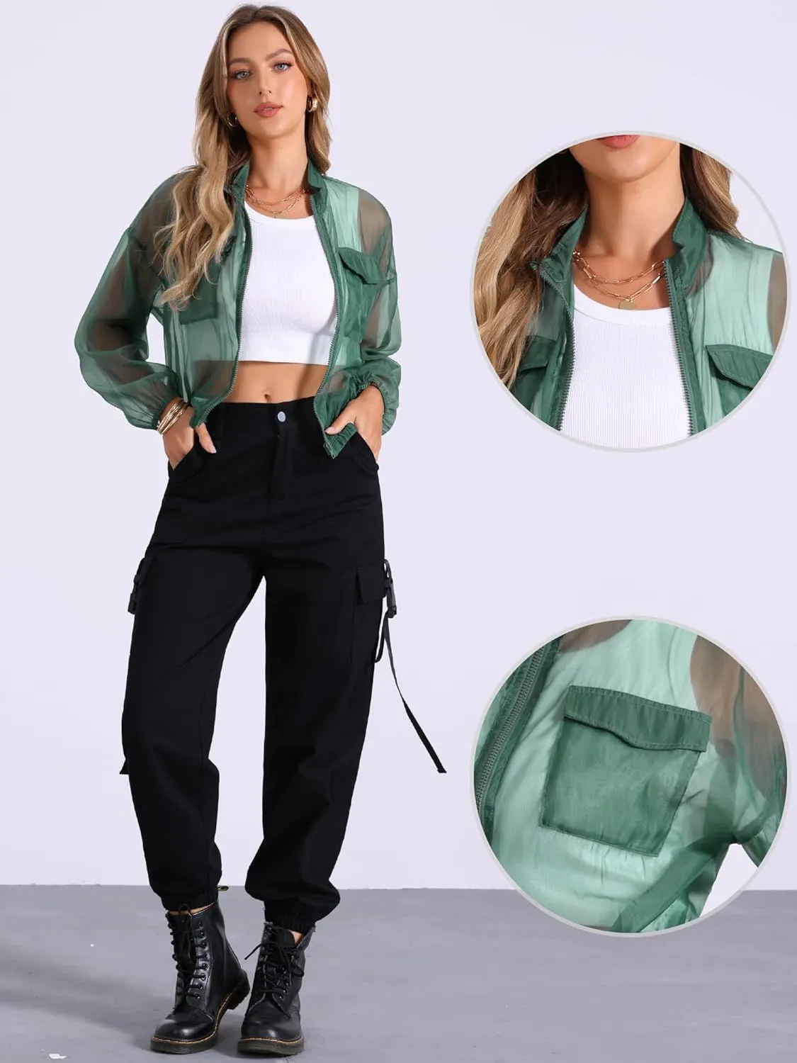 Allegra K Sheer Bomber Jacket for Women's Zip Up Long Sleeve See Through Jackets