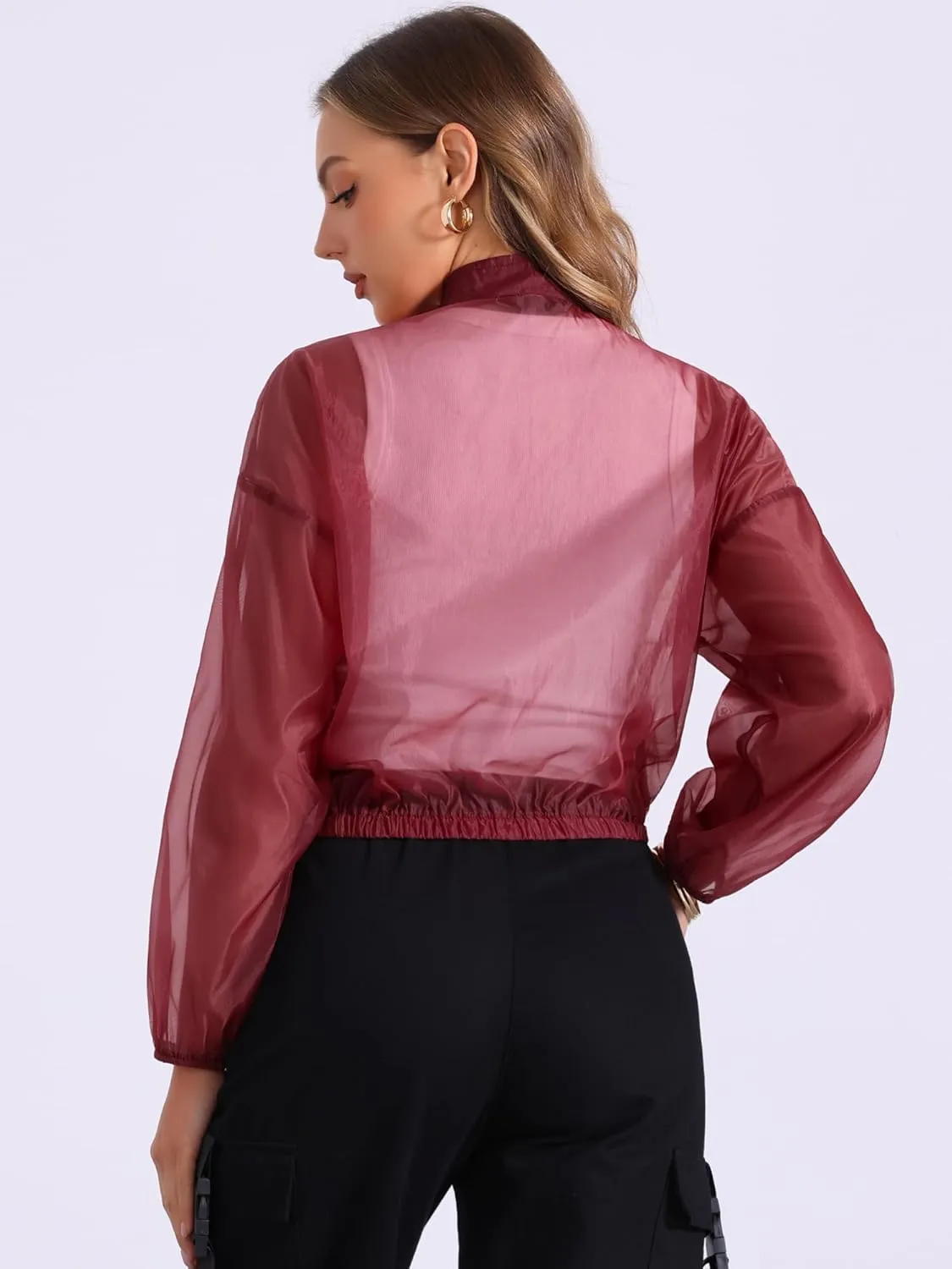 Allegra K Sheer Bomber Jacket for Women's Zip Up Long Sleeve See Through Jackets