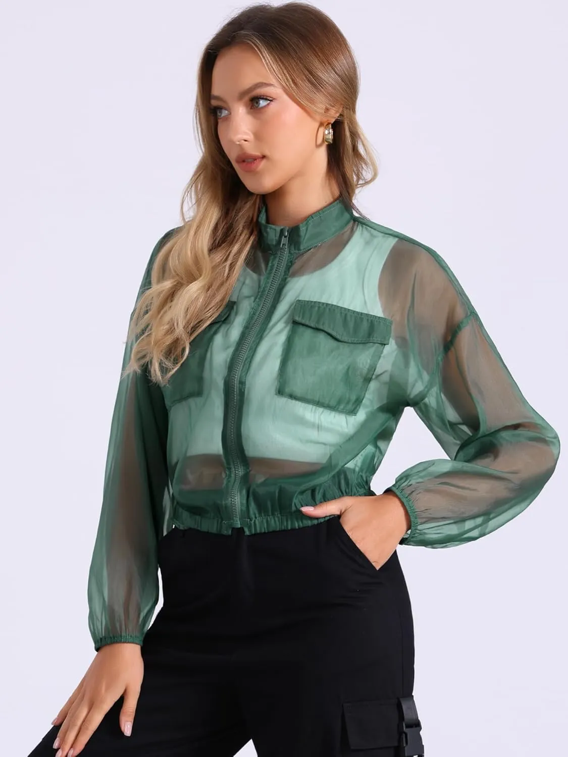 Allegra K Sheer Bomber Jacket for Women's Zip Up Long Sleeve See Through Jackets