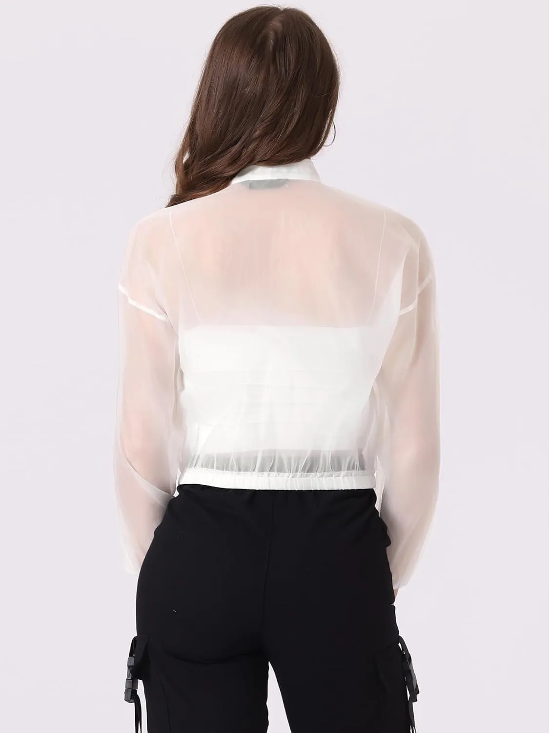 Allegra K Sheer Bomber Jacket for Women's Zip Up Long Sleeve See Through Jackets