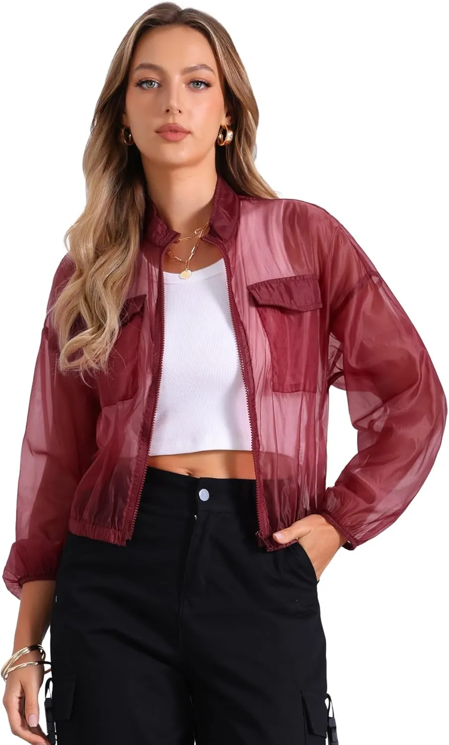 Allegra K Sheer Bomber Jacket for Women's Zip Up Long Sleeve See Through Jackets