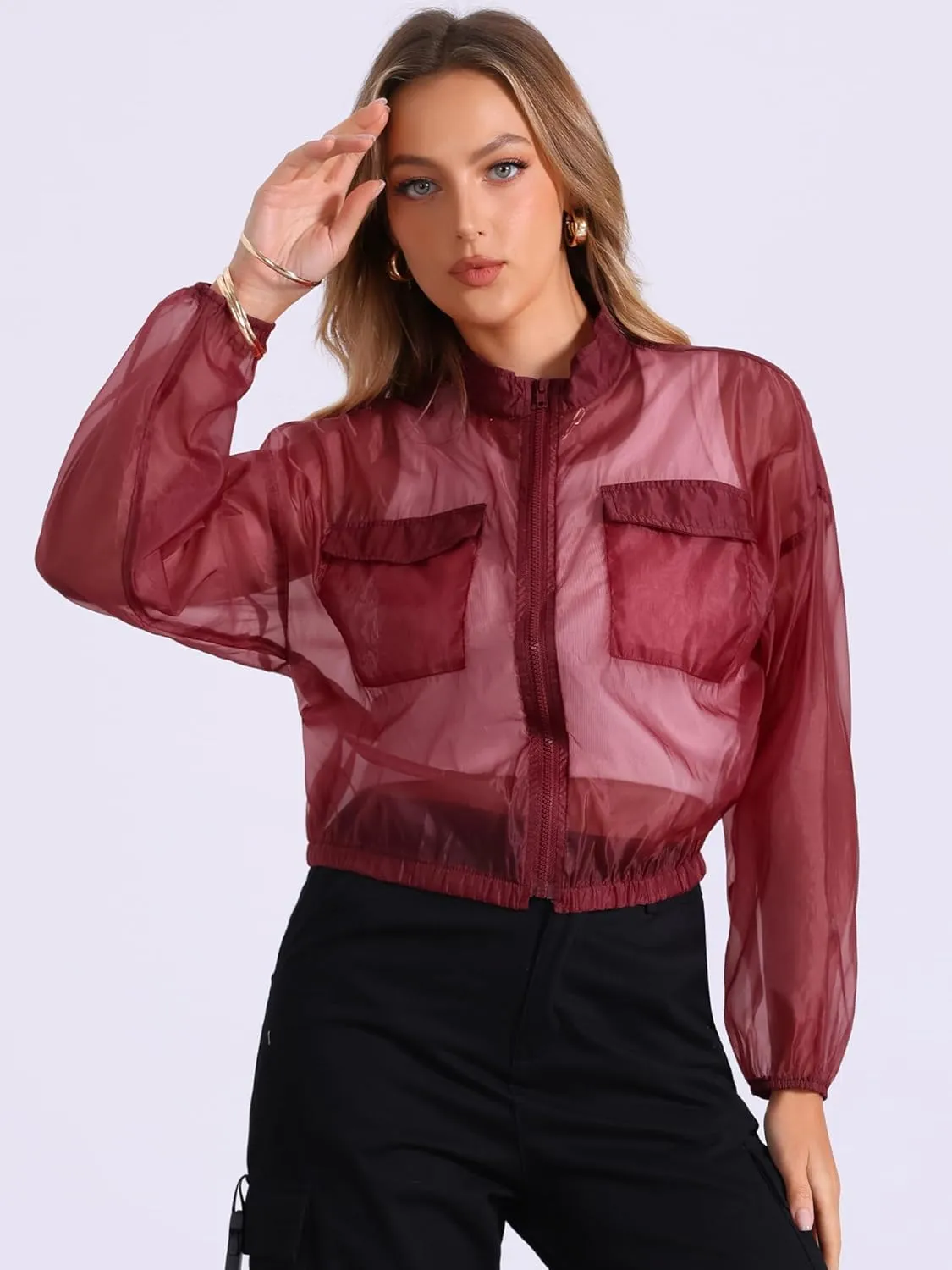 Allegra K Sheer Bomber Jacket for Women's Zip Up Long Sleeve See Through Jackets
