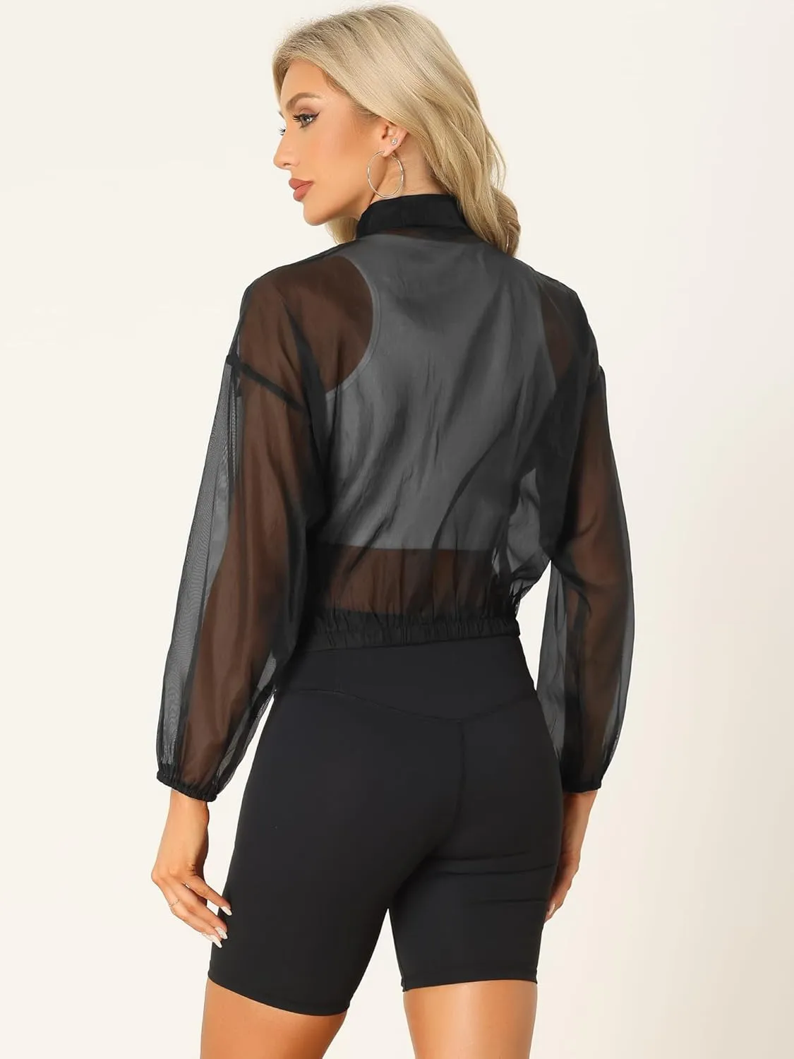 Allegra K Sheer Bomber Jacket for Women's Zip Up Long Sleeve See Through Jackets