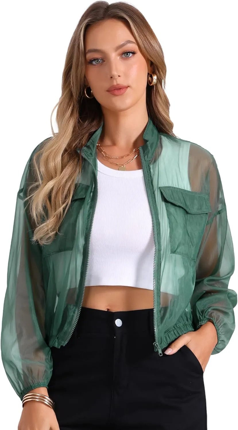 Allegra K Sheer Bomber Jacket for Women's Zip Up Long Sleeve See Through Jackets