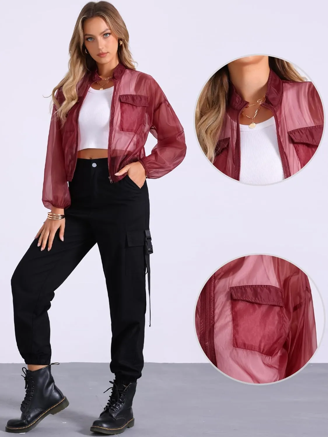 Allegra K Sheer Bomber Jacket for Women's Zip Up Long Sleeve See Through Jackets