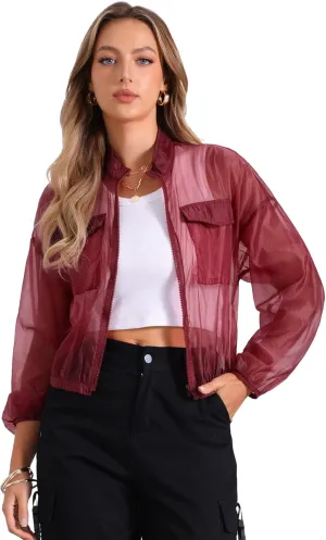 Allegra K Sheer Bomber Jacket for Women's Zip Up Long Sleeve See Through Jackets