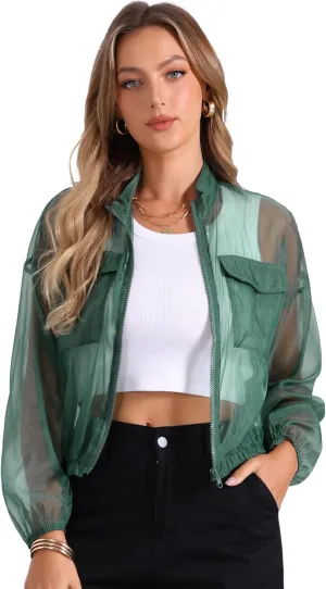 Allegra K Sheer Bomber Jacket for Women's Zip Up Long Sleeve See Through Jackets