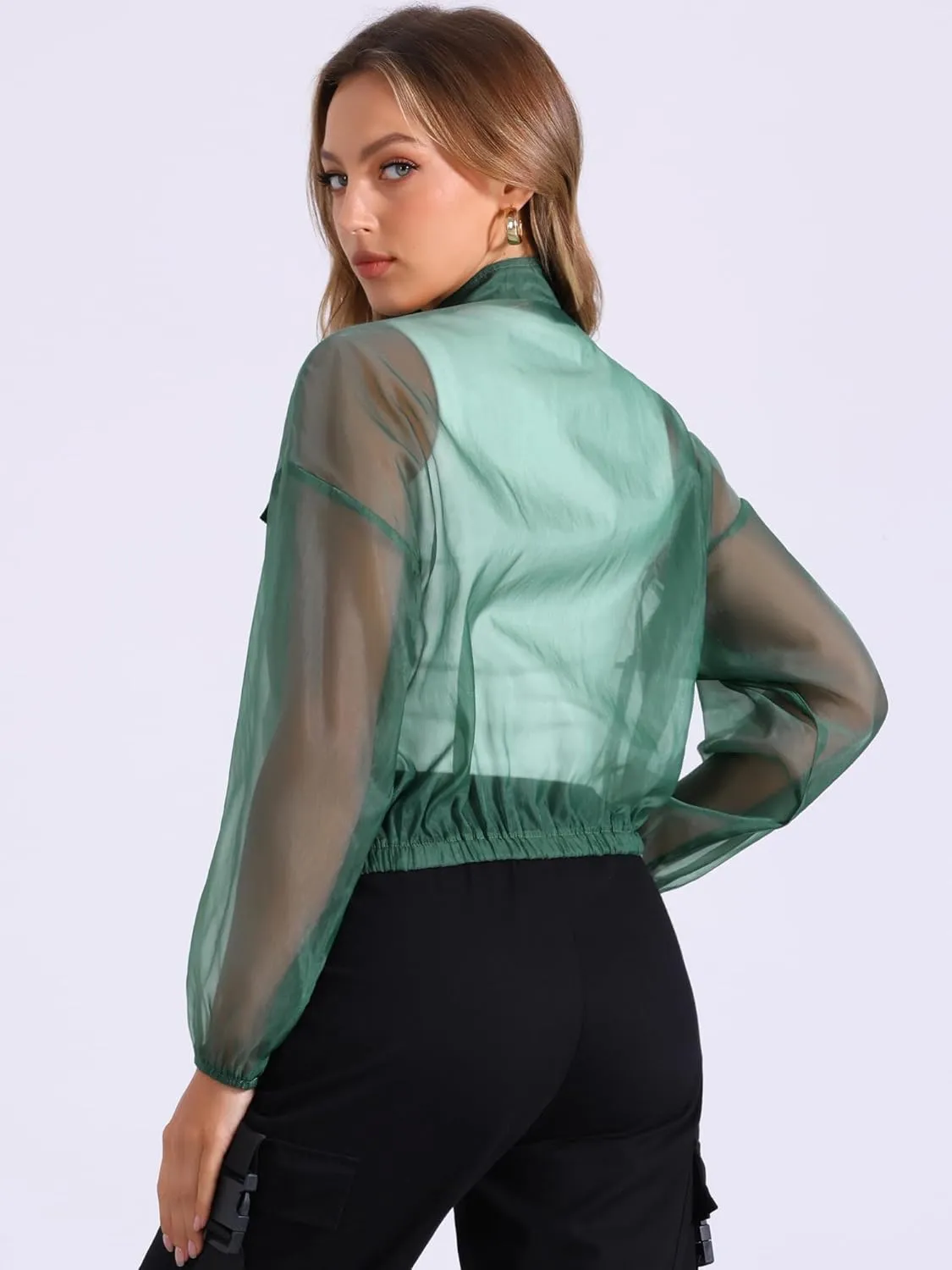 Allegra K Sheer Bomber Jacket for Women's Zip Up Long Sleeve See Through Jackets