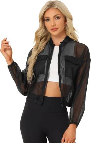 Allegra K Sheer Bomber Jacket for Women's Zip Up Long Sleeve See Through Jackets
