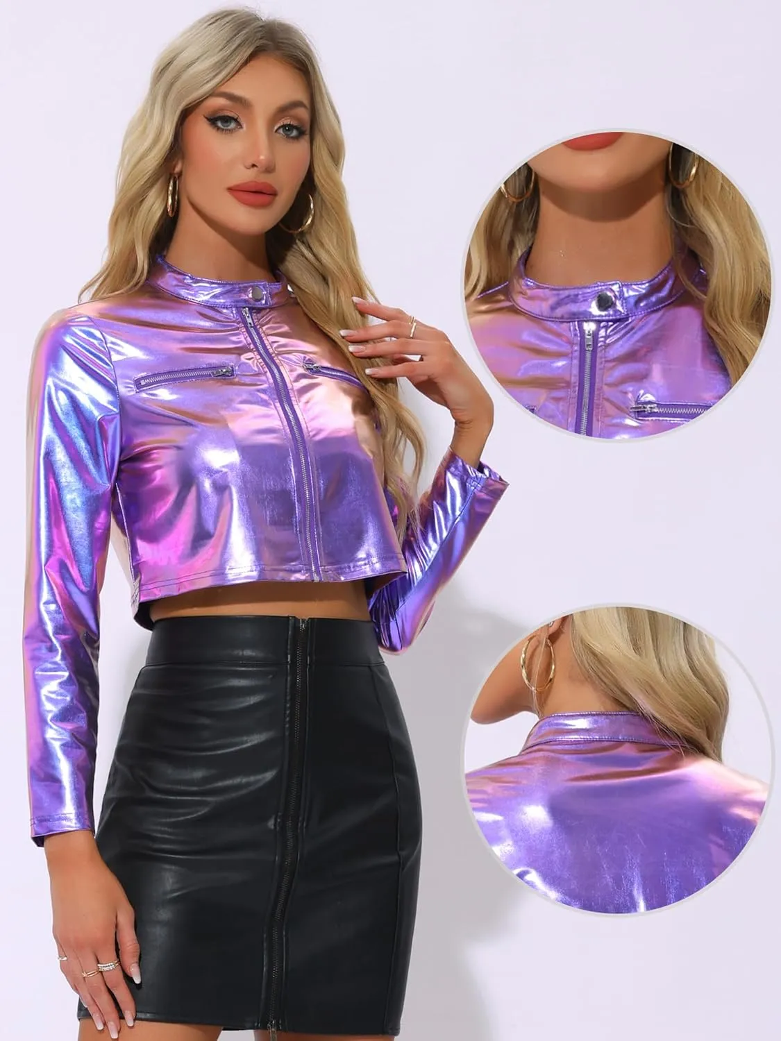 Allegra K Stand Collar Jacket for Women's Christmas Costumes Metallic Zipper Cropped Party Club Long Sleeve Jackets