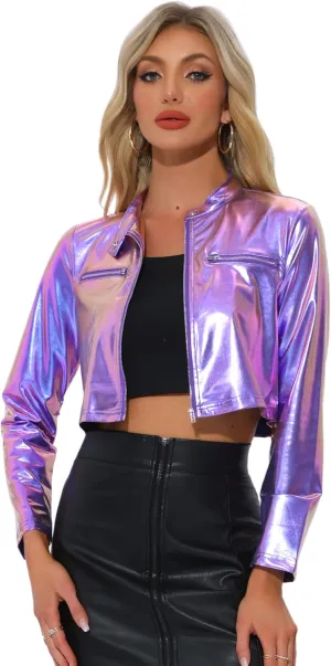 Allegra K Stand Collar Jacket for Women's Christmas Costumes Metallic Zipper Cropped Party Club Long Sleeve Jackets
