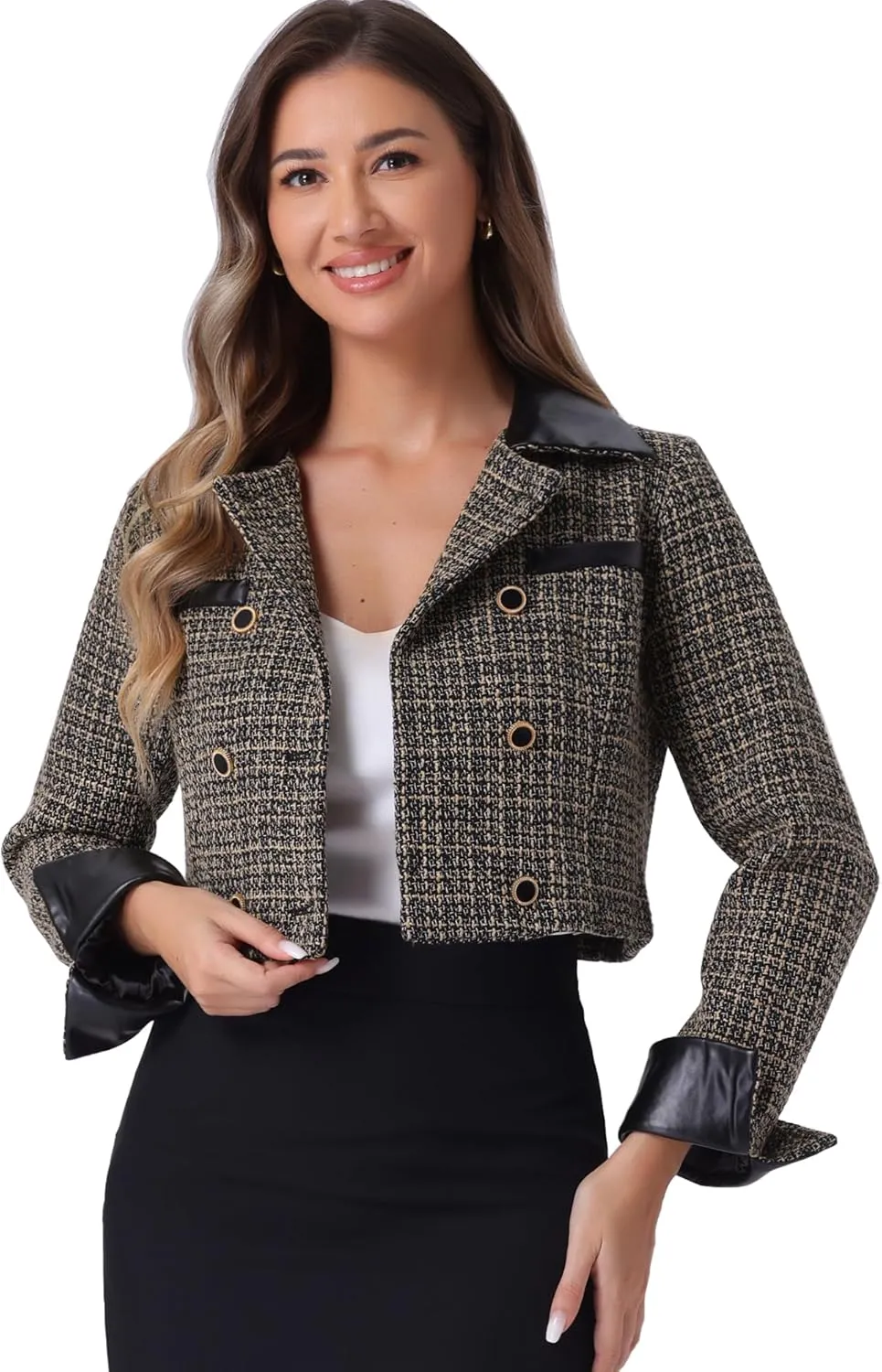 Allegra K Tweed Plaid Blazer for Women's Contrast Collar Double Breasted Vintage Cropped Jackets