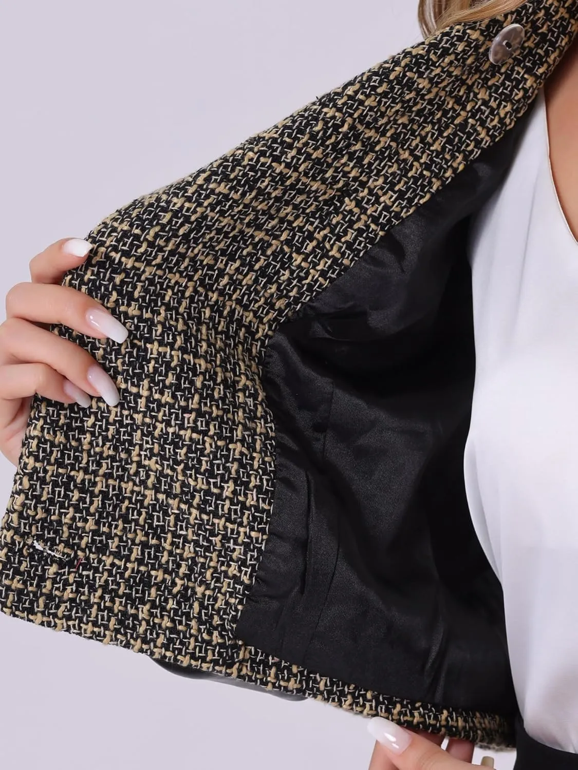 Allegra K Tweed Plaid Blazer for Women's Contrast Collar Double Breasted Vintage Cropped Jackets