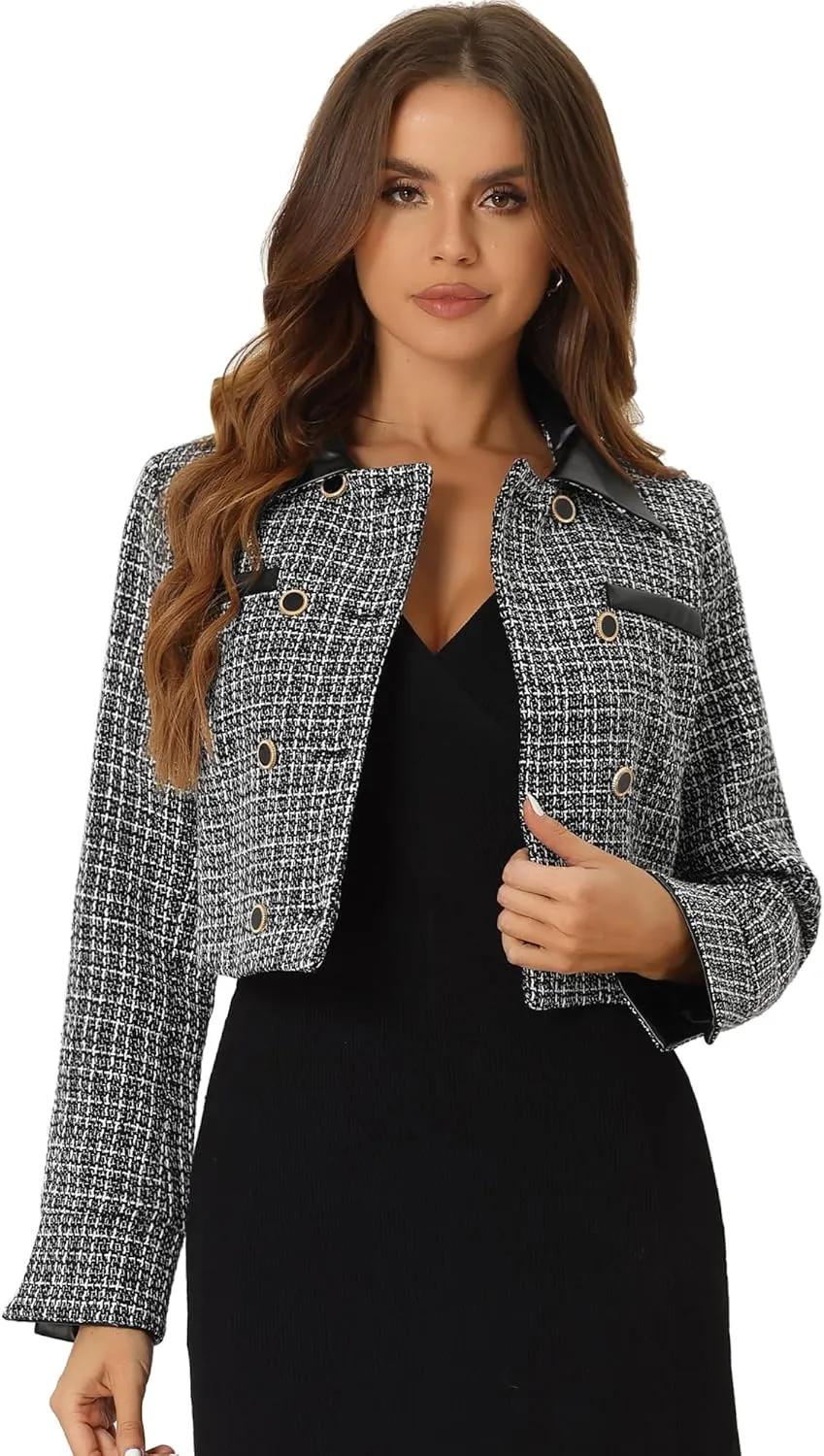 Allegra K Tweed Plaid Blazer for Women's Contrast Collar Double Breasted Vintage Cropped Jackets