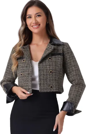Allegra K Tweed Plaid Blazer for Women's Contrast Collar Double Breasted Vintage Cropped Jackets