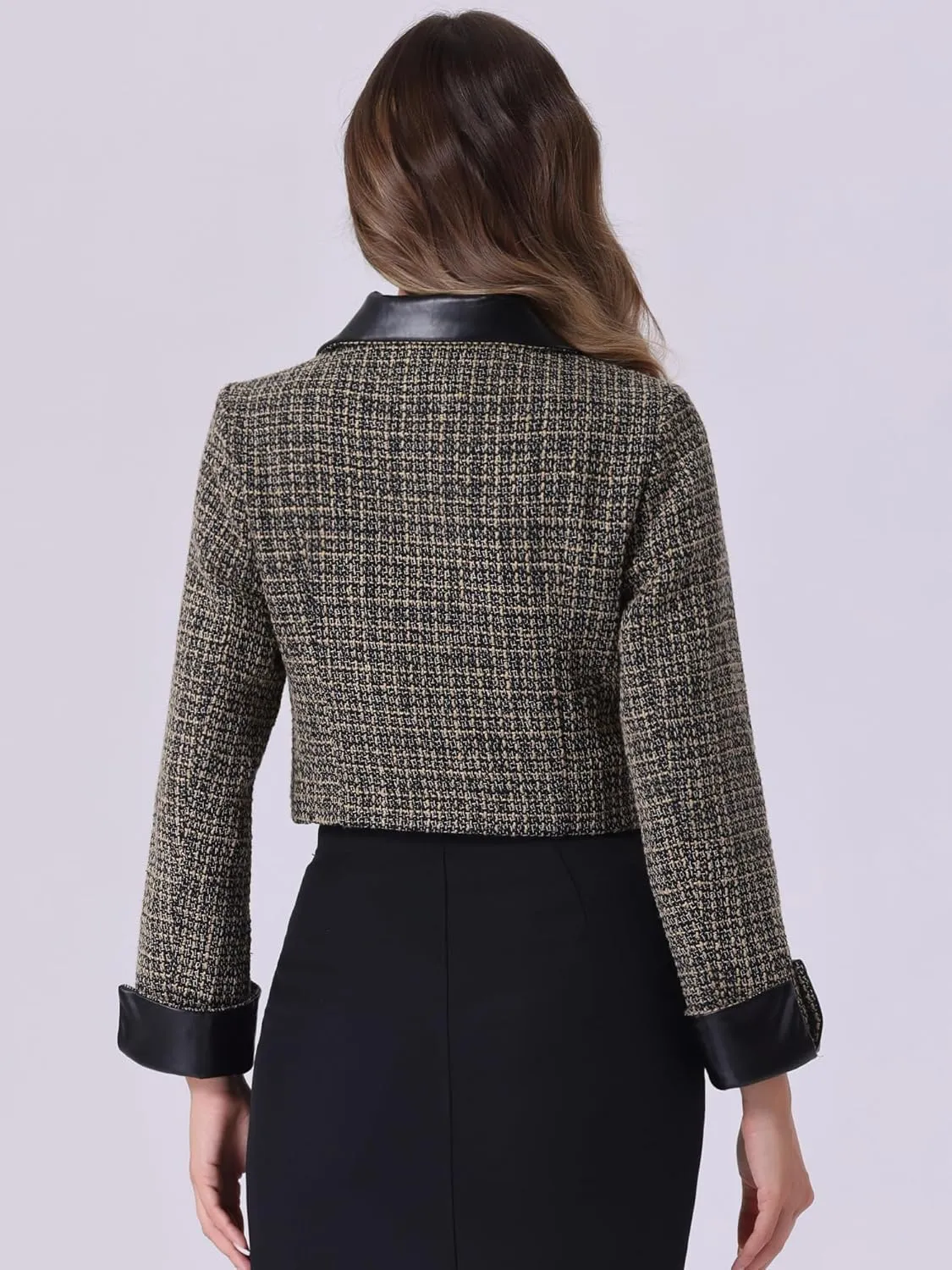 Allegra K Tweed Plaid Blazer for Women's Contrast Collar Double Breasted Vintage Cropped Jackets