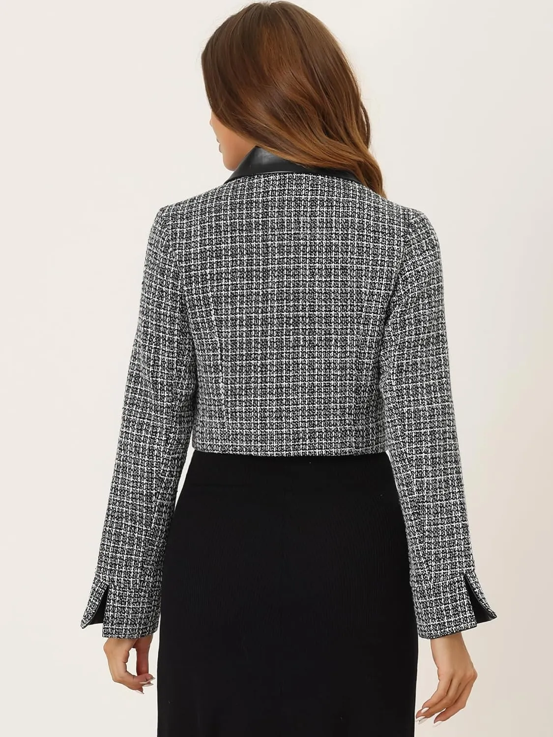 Allegra K Tweed Plaid Blazer for Women's Contrast Collar Double Breasted Vintage Cropped Jackets