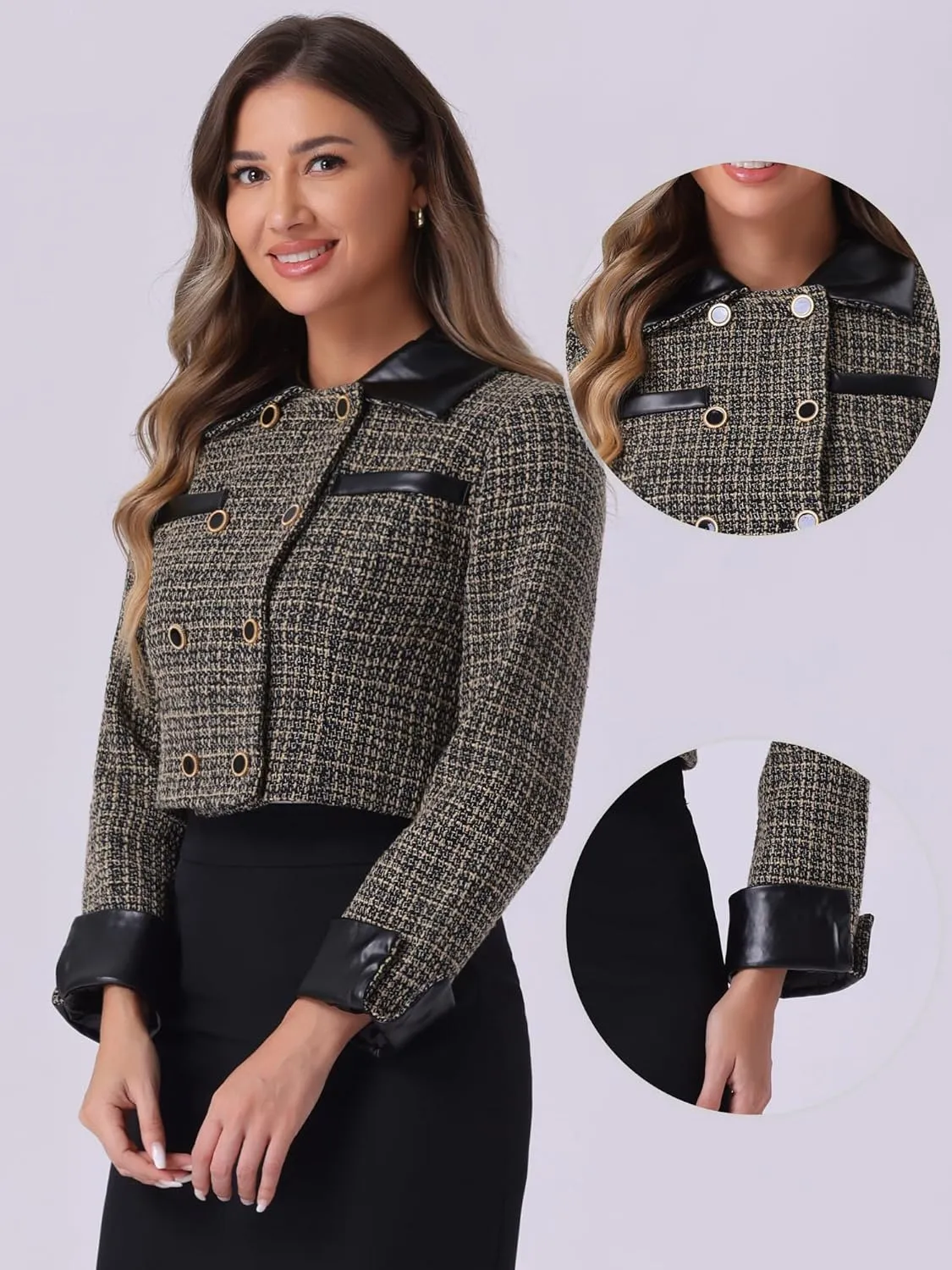 Allegra K Tweed Plaid Blazer for Women's Contrast Collar Double Breasted Vintage Cropped Jackets