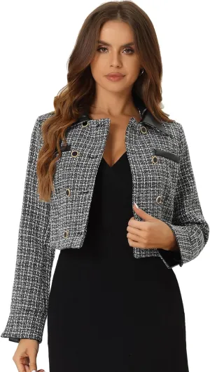 Allegra K Tweed Plaid Blazer for Women's Contrast Collar Double Breasted Vintage Cropped Jackets