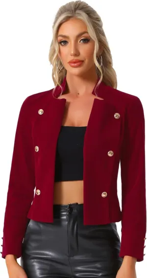Allegra K Velvet Jacket for Women's Stand Collar Button Decor Open Front Vintage Jackets
