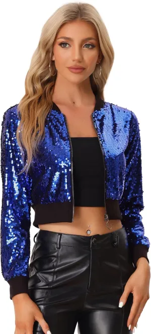 Allegra K Women Sequin Jackets 2025 Party Club Sparkly Cropped Bomber Jacket Disco Outfit