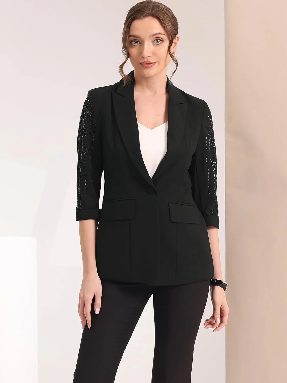 Allegra K Women's 3/4 Sleeve Blazer Jackets Business Casual Rhinestone Formal Suit