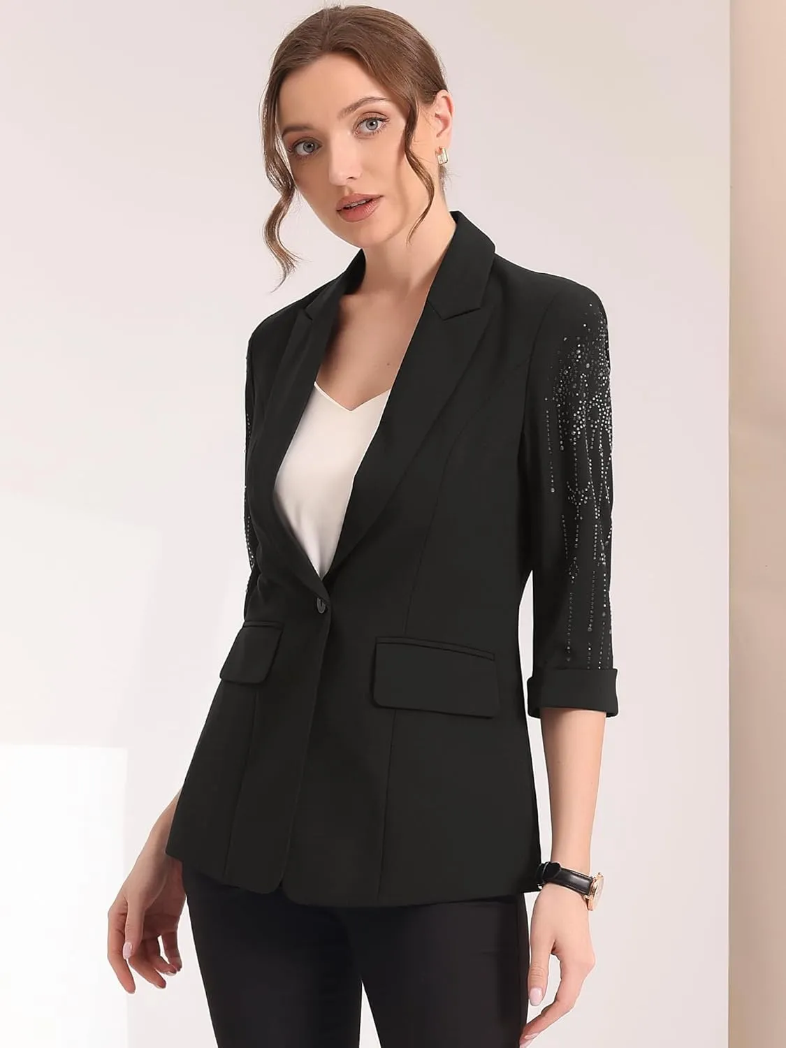 Allegra K Women's 3/4 Sleeve Blazer Jackets Business Casual Rhinestone Formal Suit