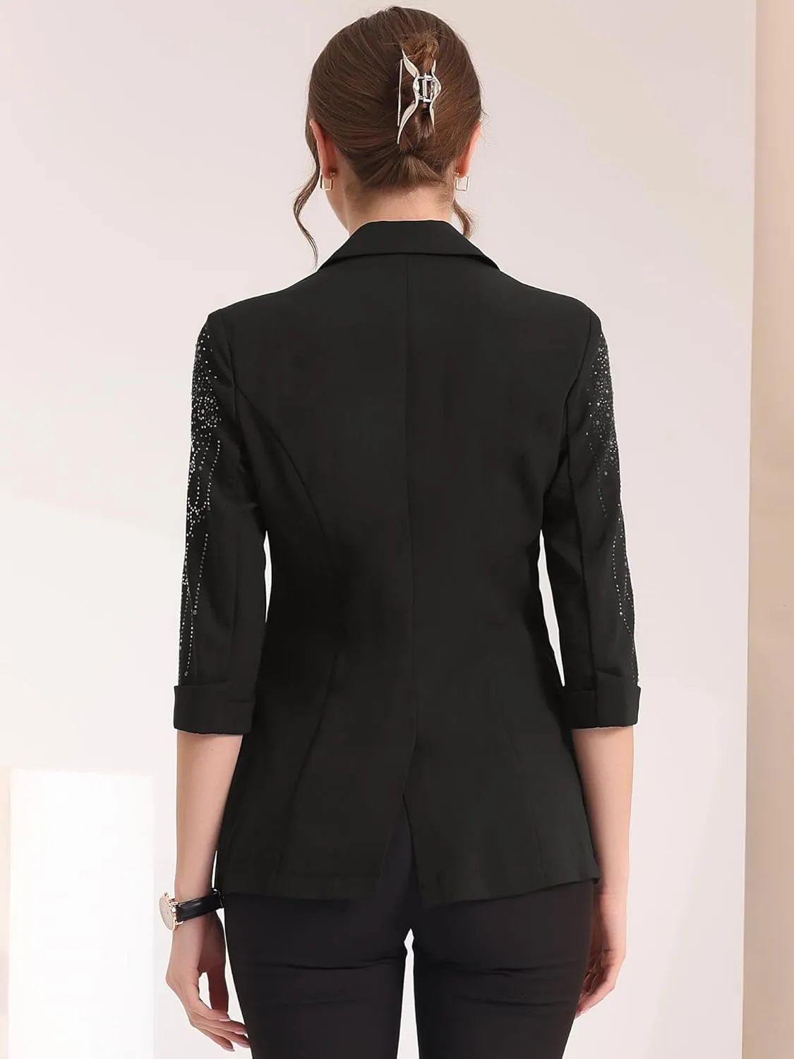 Allegra K Women's 3/4 Sleeve Blazer Jackets Business Casual Rhinestone Formal Suit