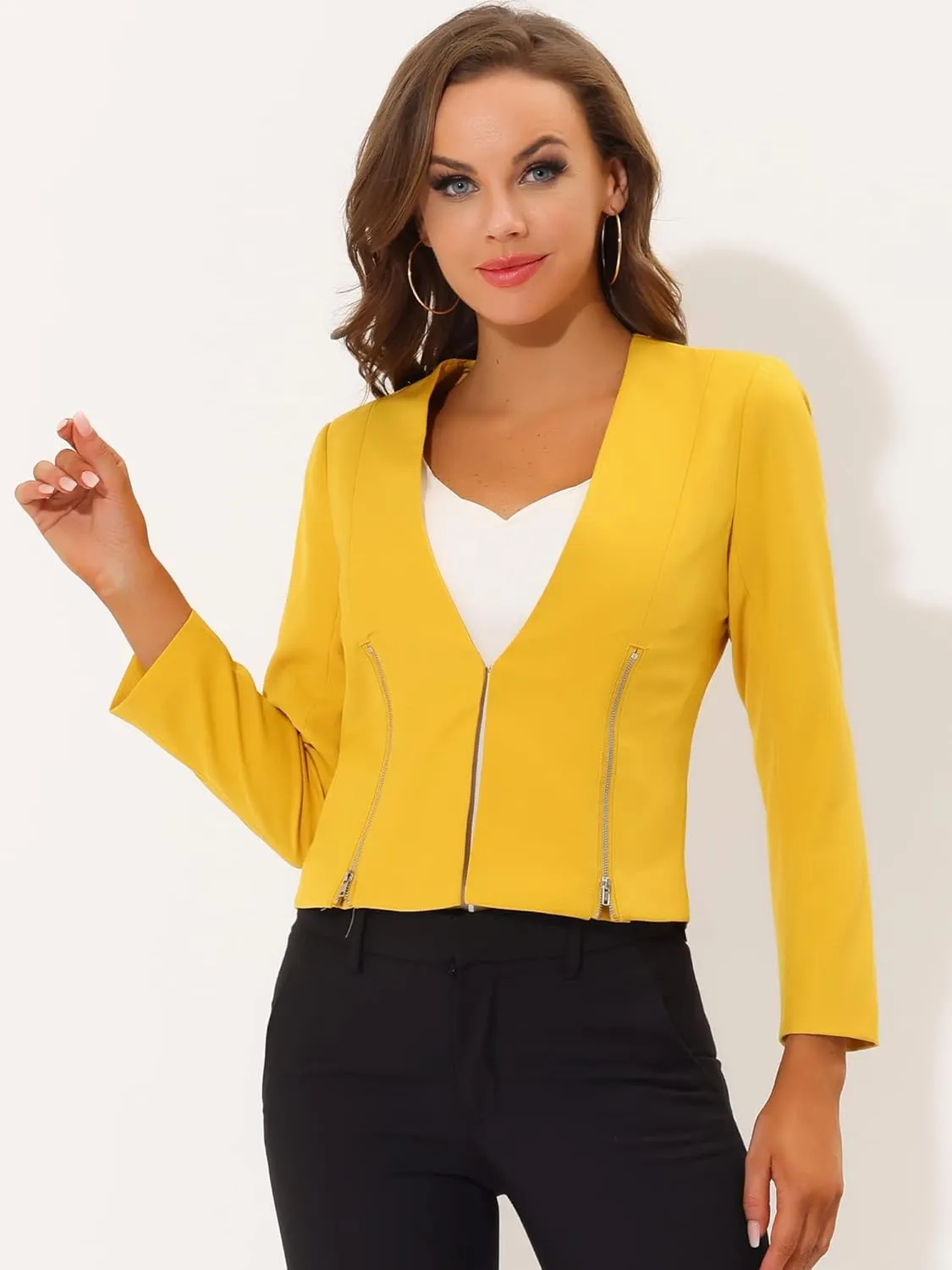 Allegra K Women's Crop Collarless Blazers Suit Zip Decor Work Office Jackets Blazer