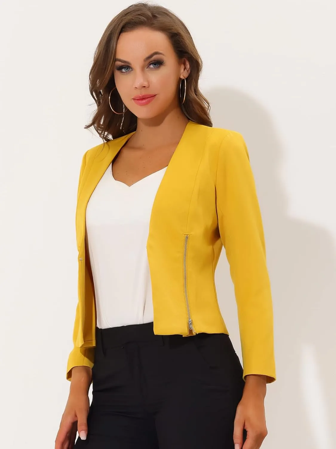 Allegra K Women's Crop Collarless Blazers Suit Zip Decor Work Office Jackets Blazer
