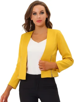 Allegra K Women's Crop Collarless Blazers Suit Zip Decor Work Office Jackets Blazer