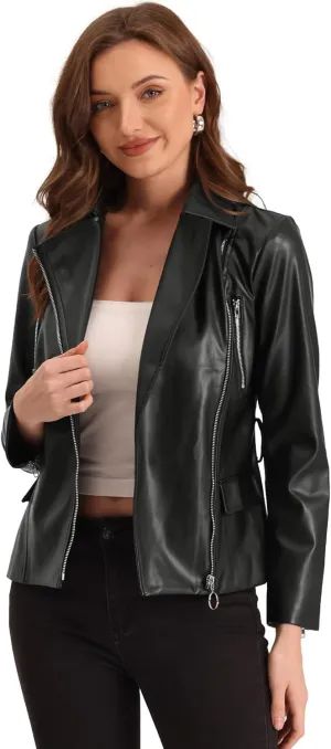 Allegra K Women's Faux Leather Jacket Spring Fall Classical Trendy PU Motorcycle Biker Jackets