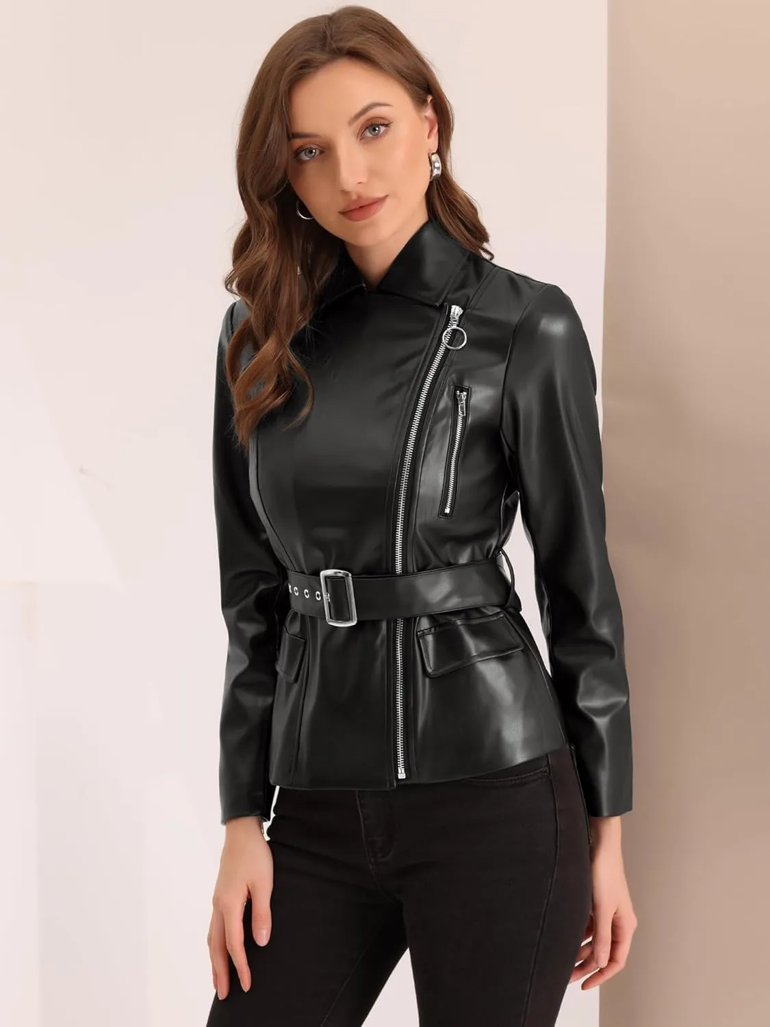 Allegra K Women's Faux Leather Jacket Spring Fall Classical Trendy PU Motorcycle Biker Jackets