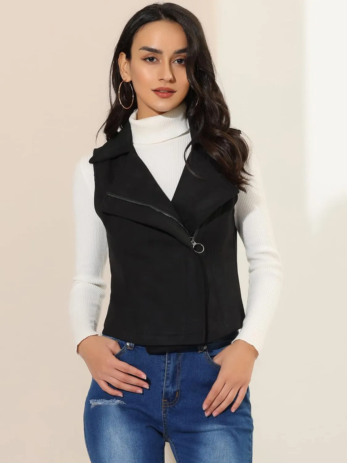 Allegra K Women's Faux Suede Vest Casual Sleeveless Biker Jacket