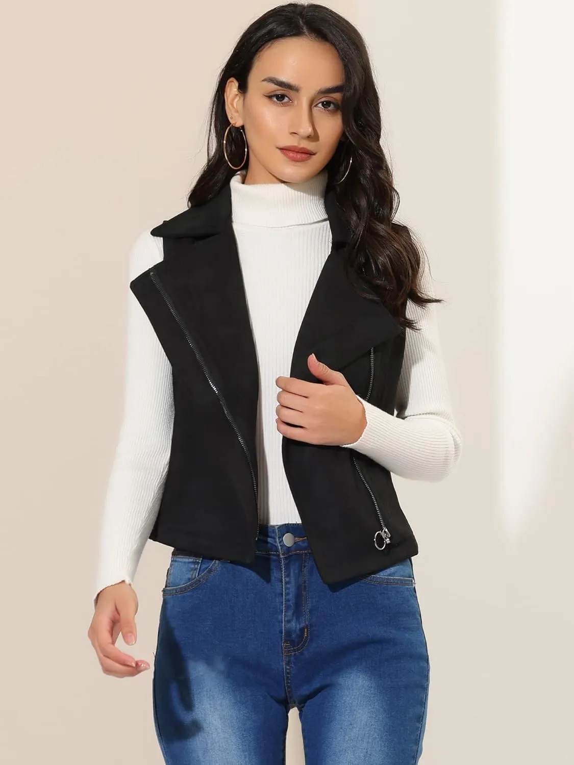 Allegra K Women's Faux Suede Vest Casual Sleeveless Biker Jacket