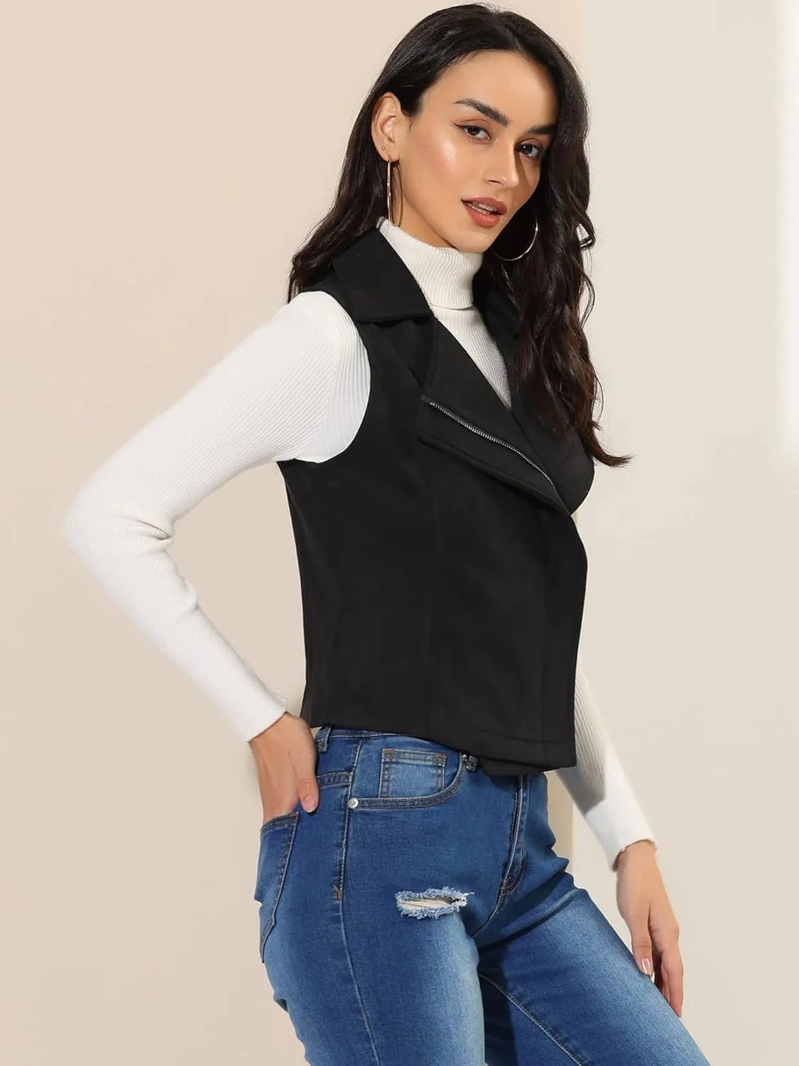 Allegra K Women's Faux Suede Vest Casual Sleeveless Biker Jacket